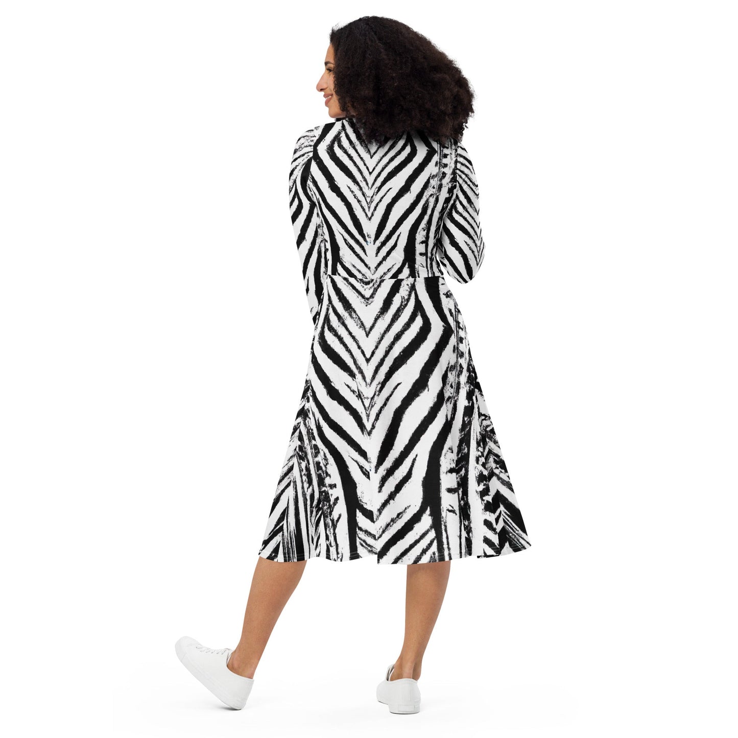 Womens Long Sleeve Midi Dress, Black White Native Print-1