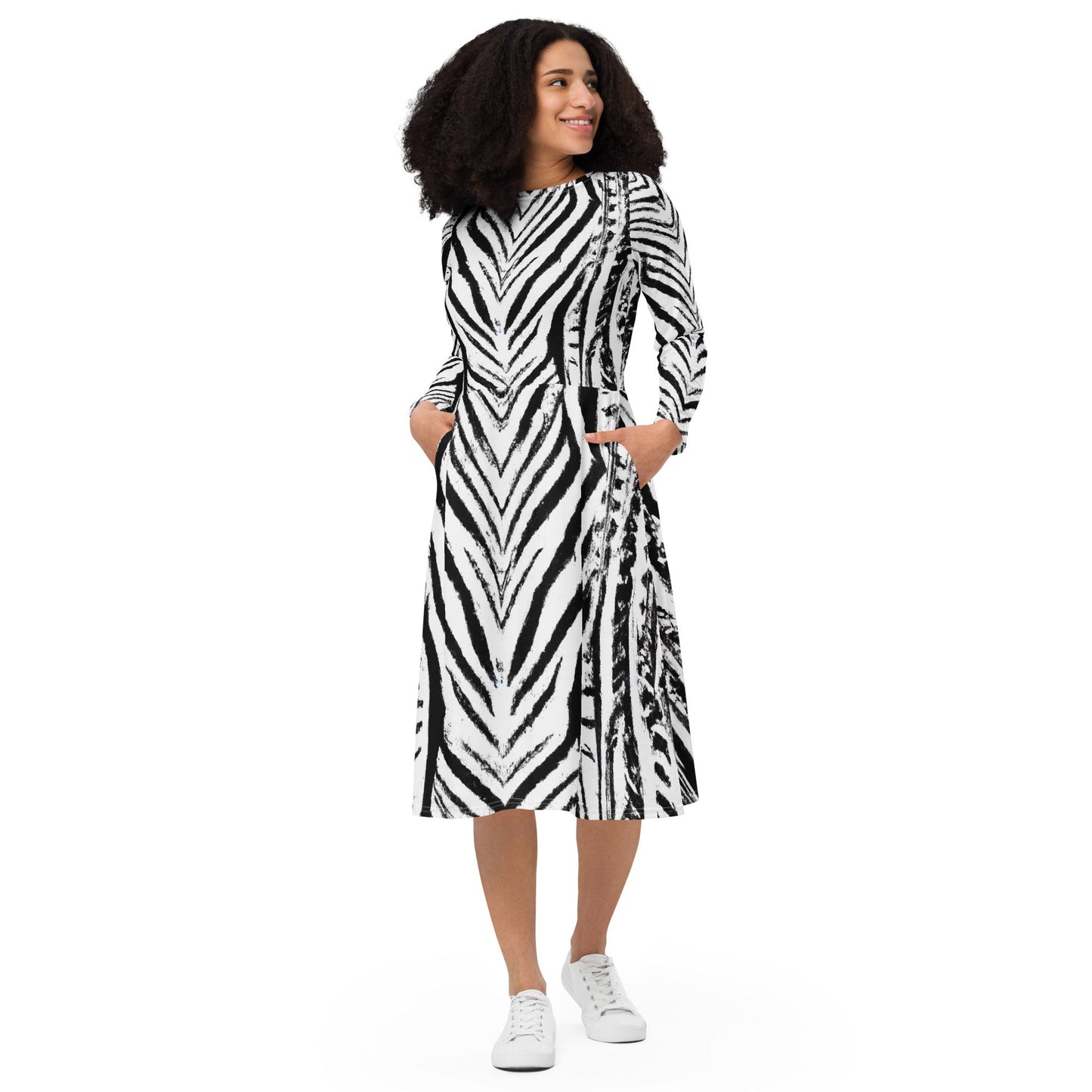 Womens Long Sleeve Midi Dress, Black White Native Print-0