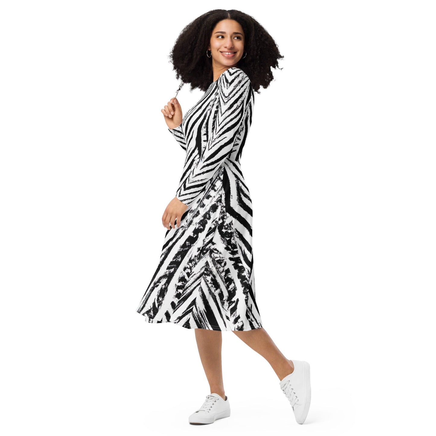 Womens Long Sleeve Midi Dress, Black White Native Print-2
