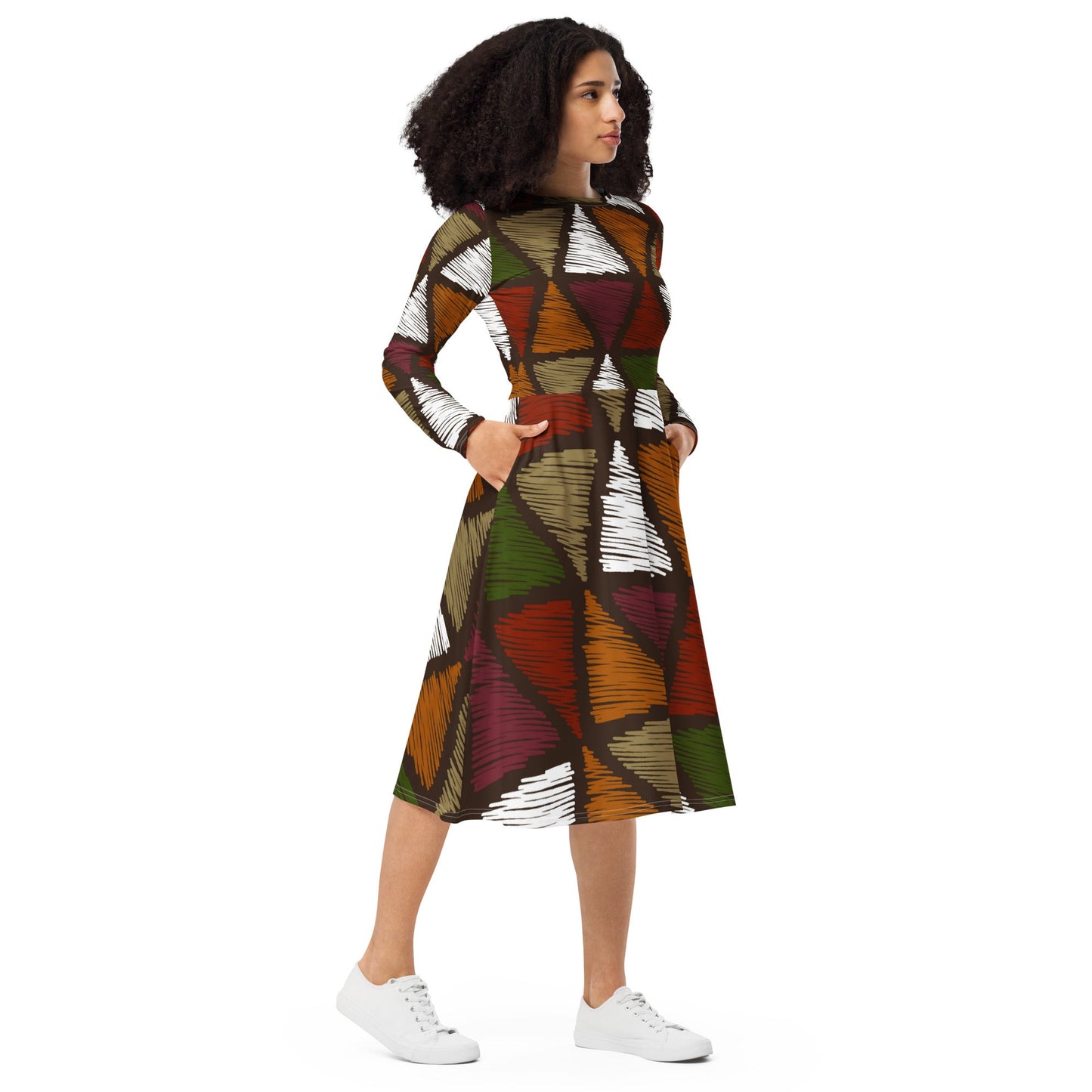 Womens Long Sleeve Midi Dress, Red Green Geometric Lines-3