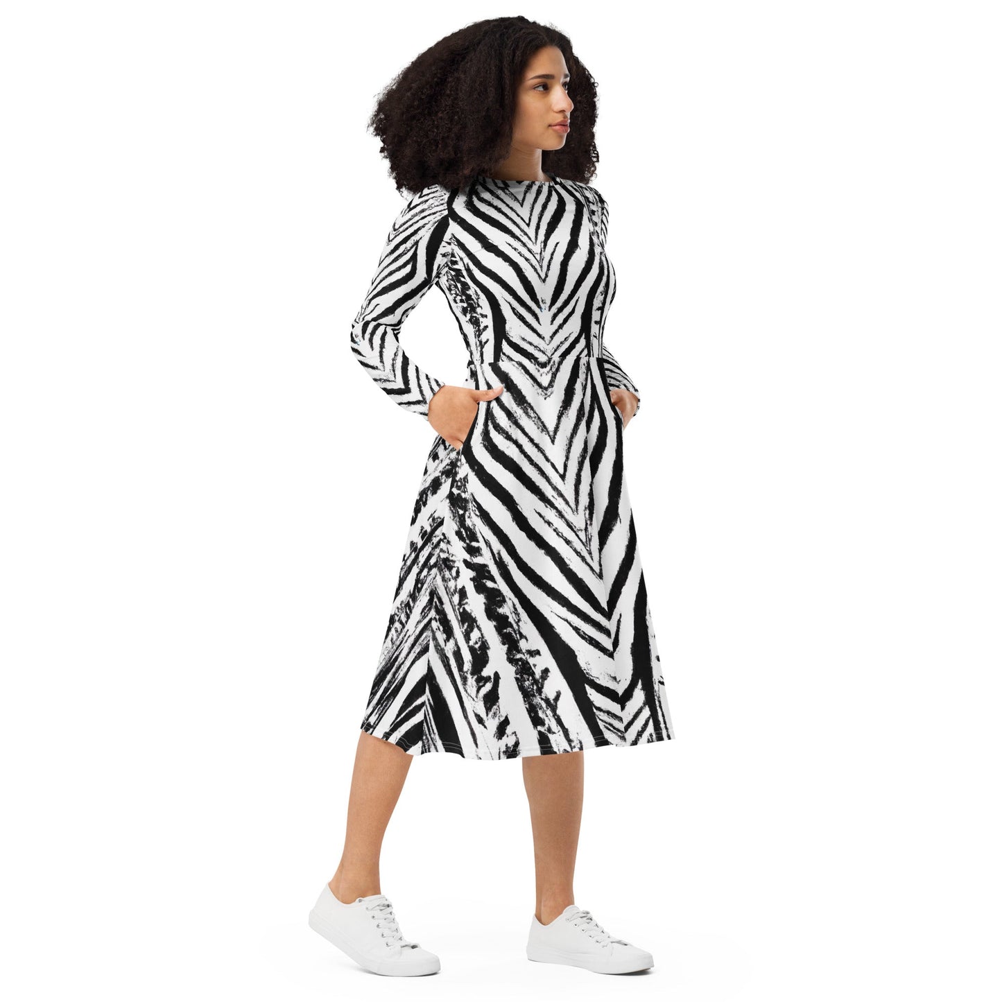 Womens Long Sleeve Midi Dress, Black White Native Print-3
