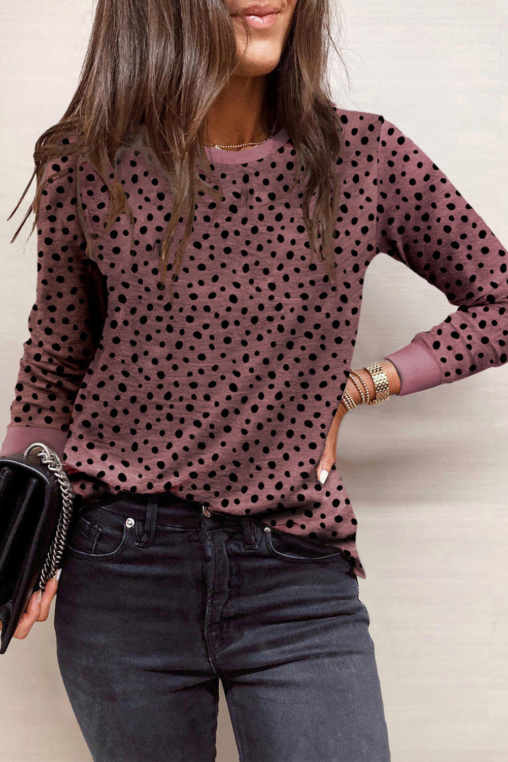 Animal Spotted Print Round Neck Long Sleeve Top-5