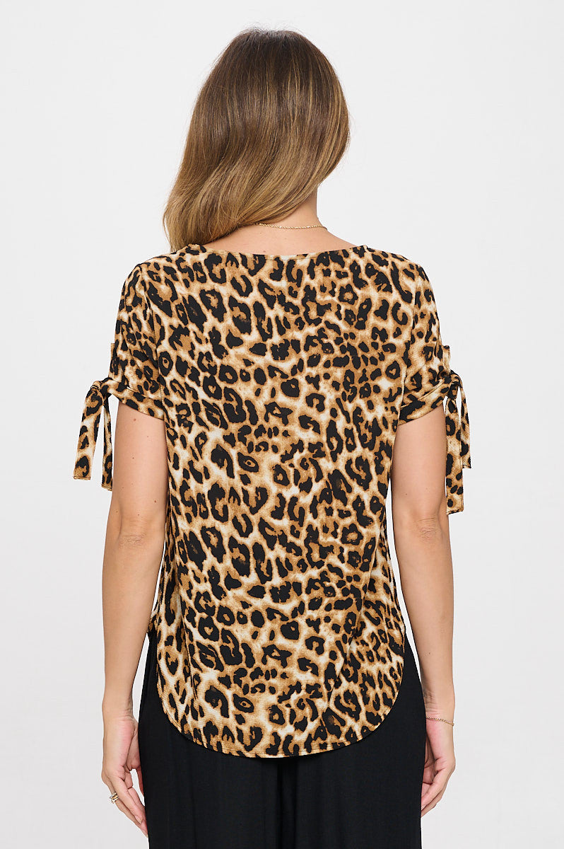 Animal Print Short Sleeve Top with Tie Sleeve-3