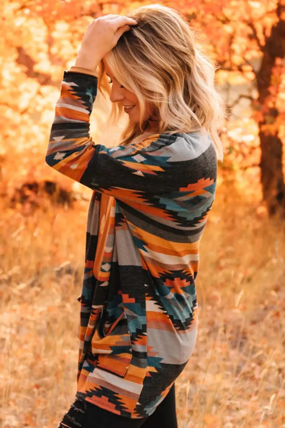 Orange Western Tribal Aztec Print Cardigan-1