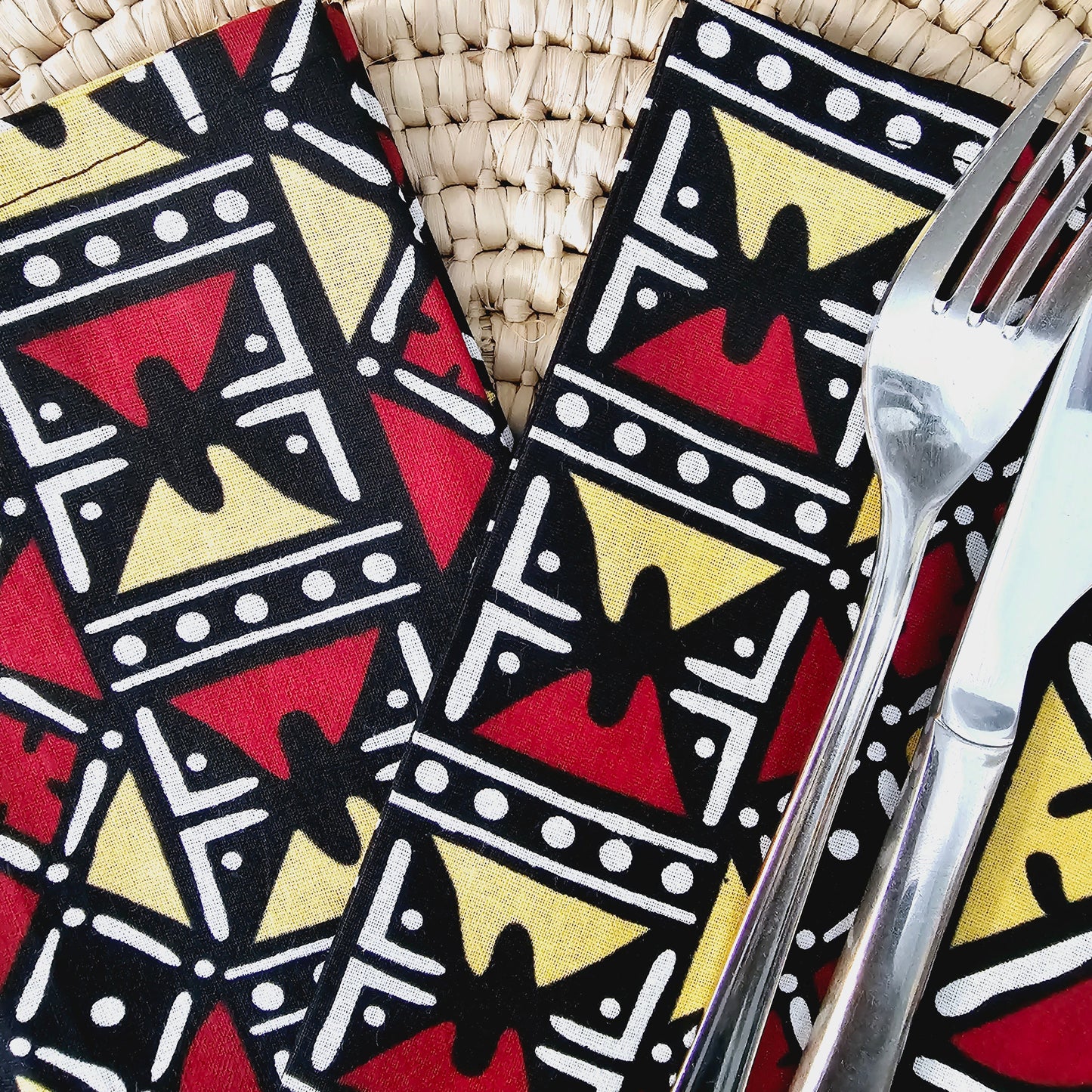 Set of 4 Napkins | 35x35cm | Black Mudcloth Print, Ankara Wax, 100% Cotton-2
