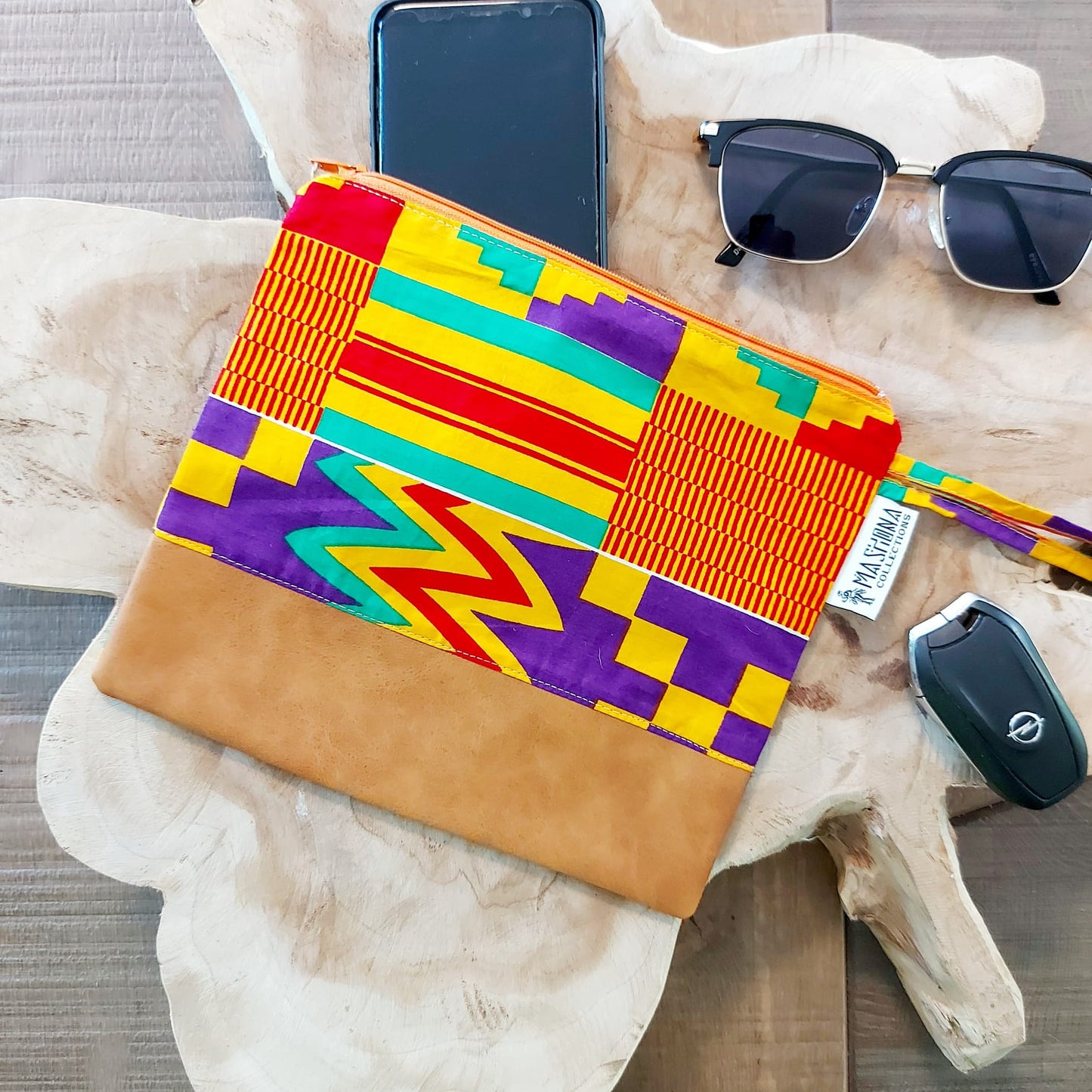 African Print Zipper Pouch | Make-up Bag | Pencil Case | Vegan Leather Detail-5
