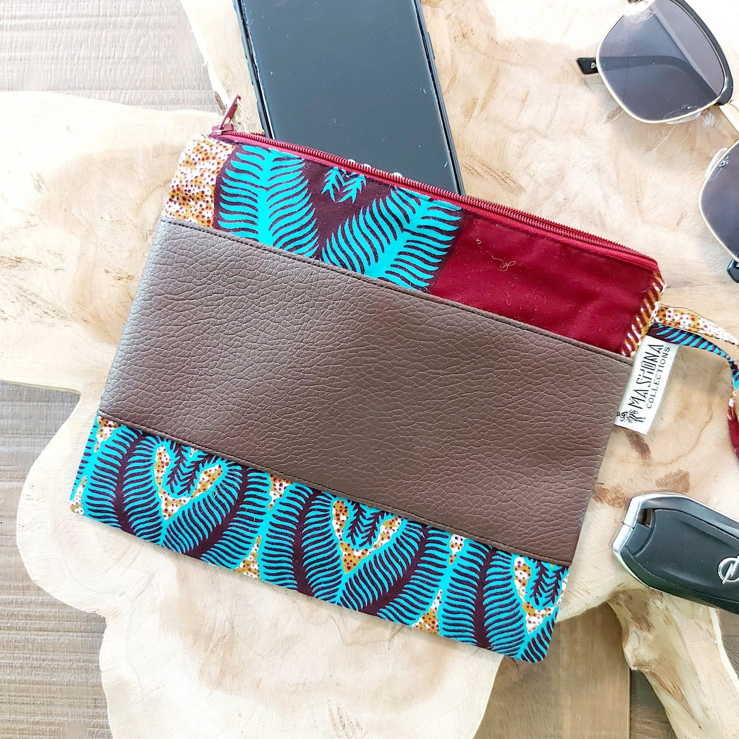 African Print Zipper Pouch | Make-up Bag | Pencil Case | Vegan Leather Detail-7