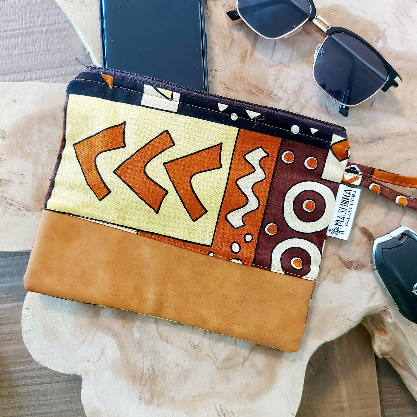 African Print Zipper Pouch | Make-up Bag | Pencil Case | Vegan Leather Detail-8