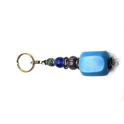 Key Chain Rectangle | Light Blue Synthetic Amber & Assorted Beads-0