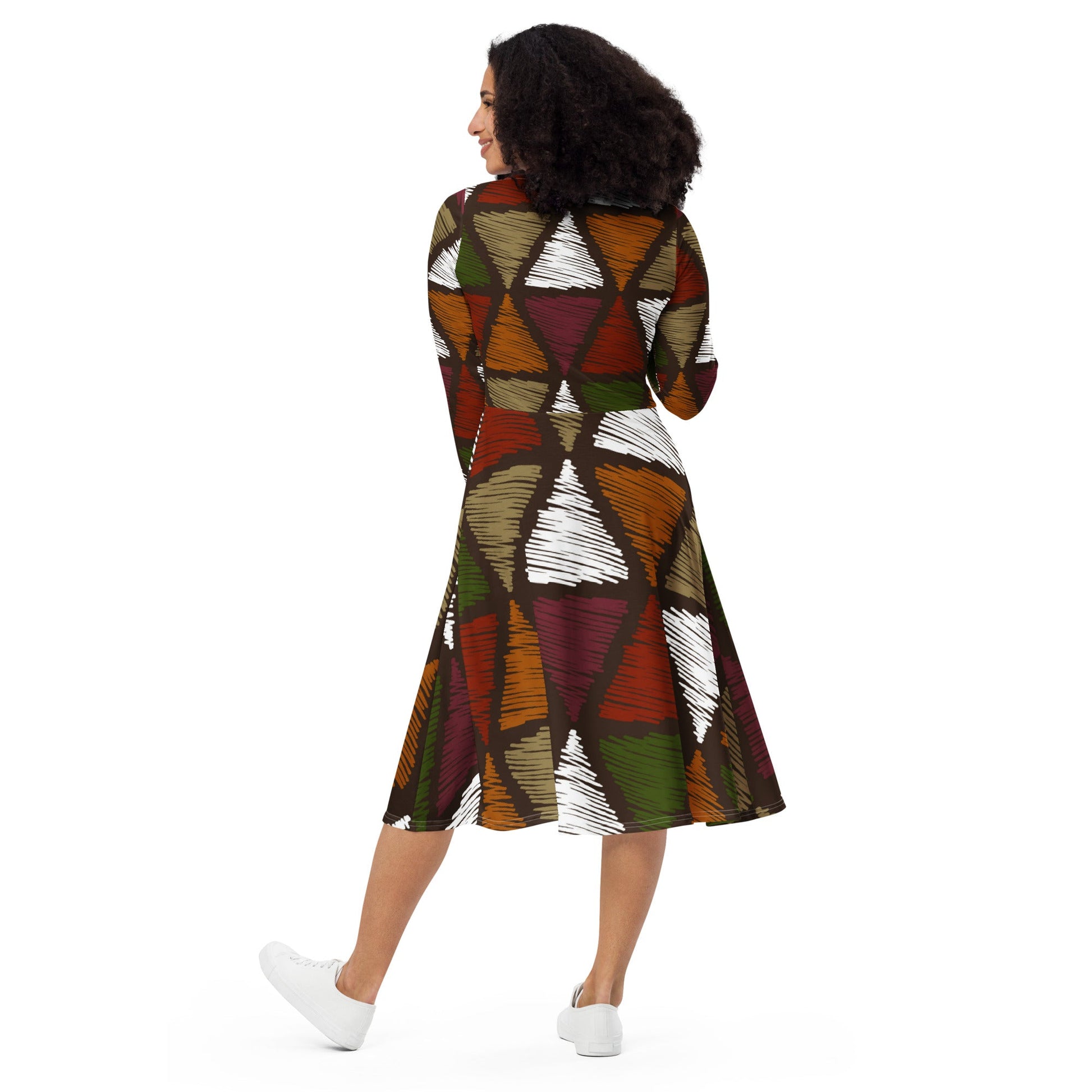 Womens Long Sleeve Midi Dress, Red Green Geometric Lines-1