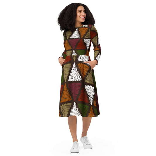 Womens Long Sleeve Midi Dress, Red Green Geometric Lines-0