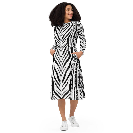 Womens Long Sleeve Midi Dress, Black White Native Print-0