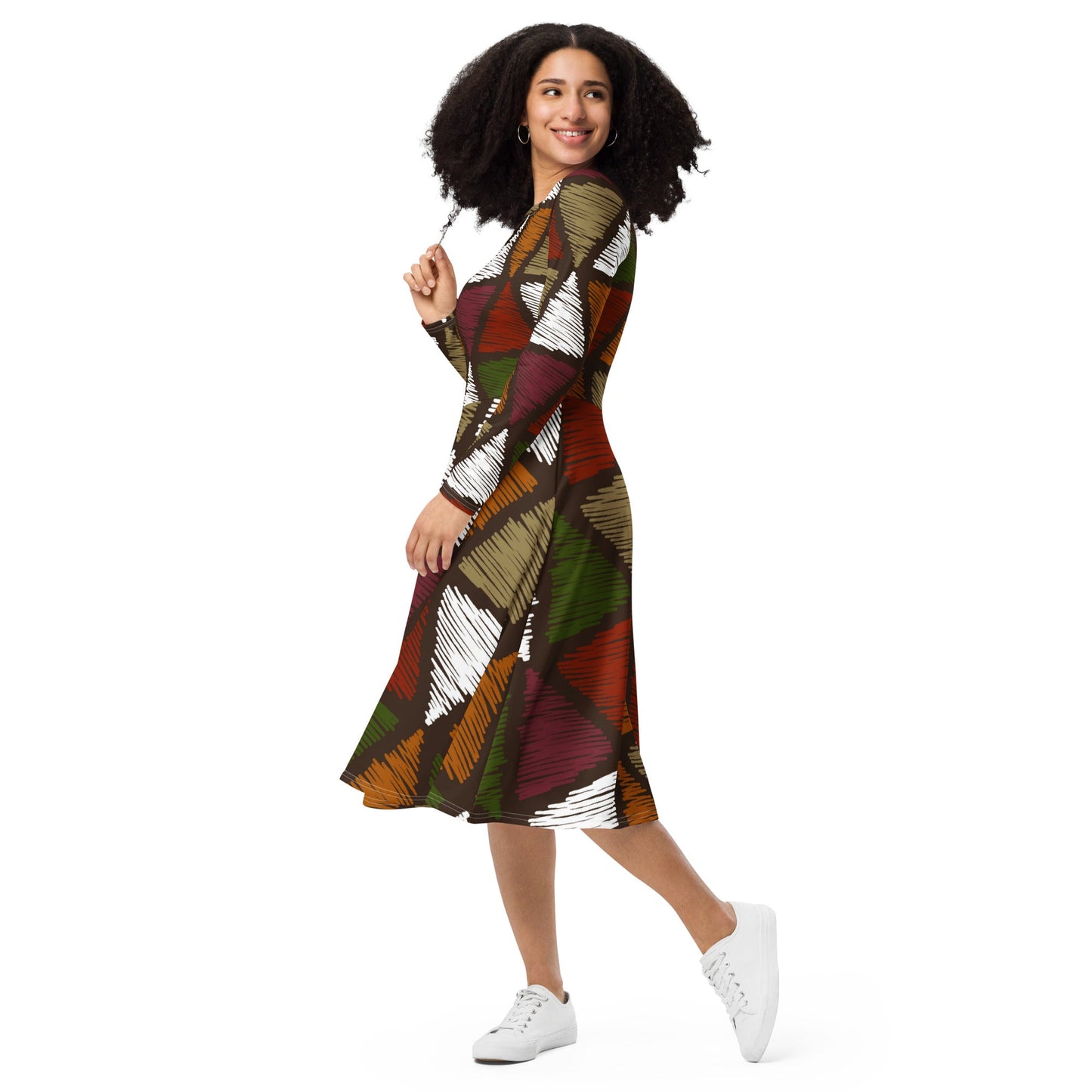 Womens Long Sleeve Midi Dress, Red Green Geometric Lines-2