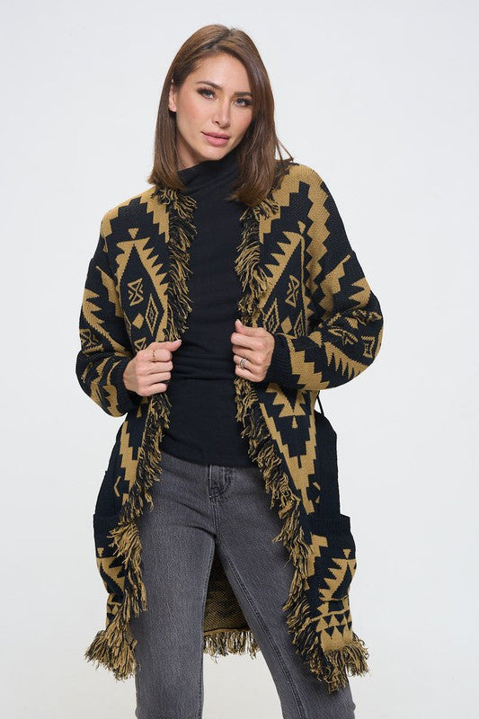 Tribal Print Cardigan with Fringe Detail and Tie-0