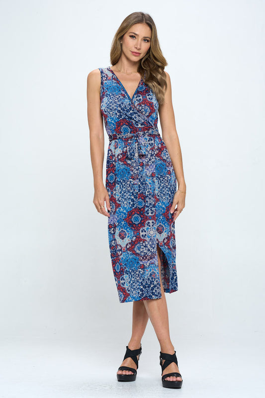 Print V neck Dress with Tie and Slit-0