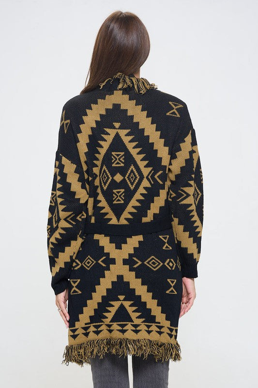 Tribal Print Cardigan with Fringe Detail and Tie-4