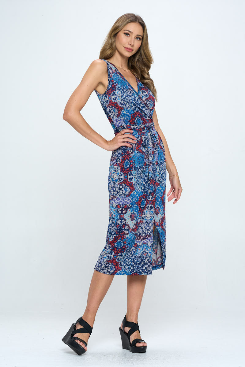 Print V neck Dress with Tie and Slit-2