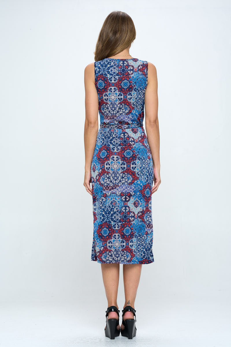 Print V neck Dress with Tie and Slit-4