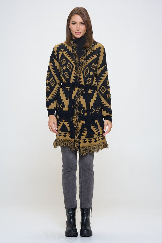 Tribal Print Cardigan with Fringe Detail and Tie-5