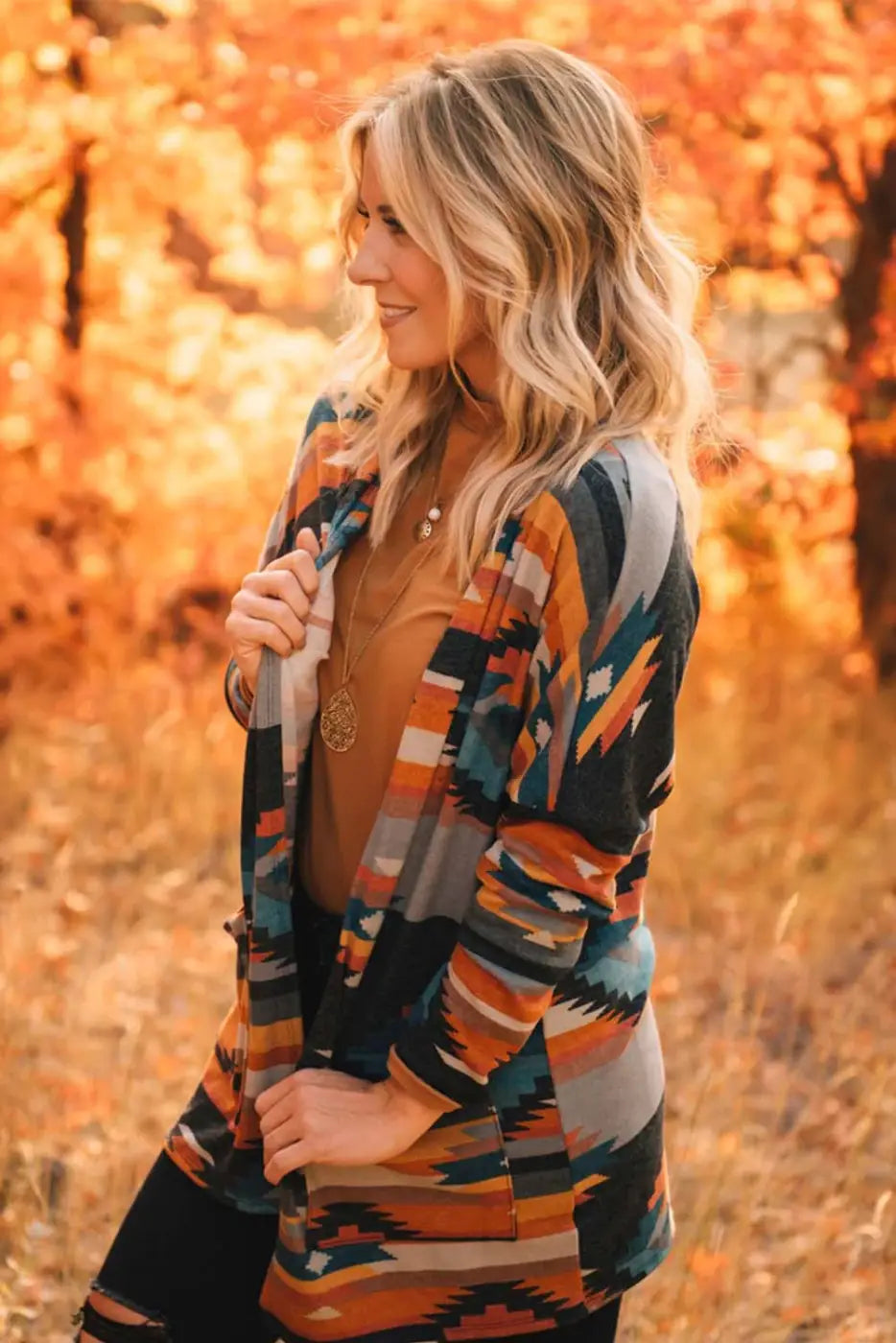 Orange Western Tribal Aztec Print Cardigan-2