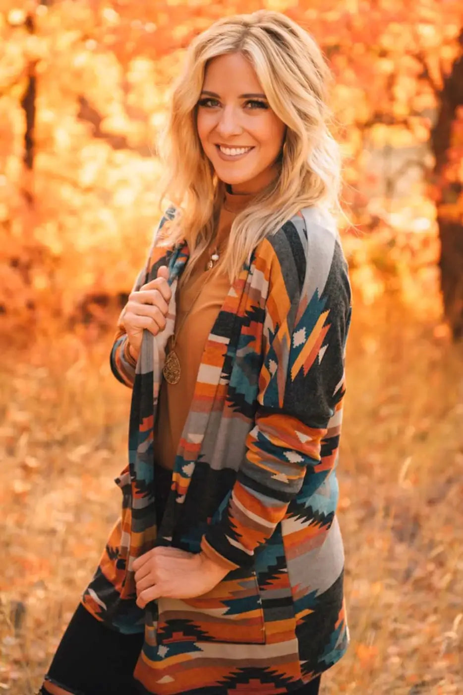 Orange Western Tribal Aztec Print Cardigan-3