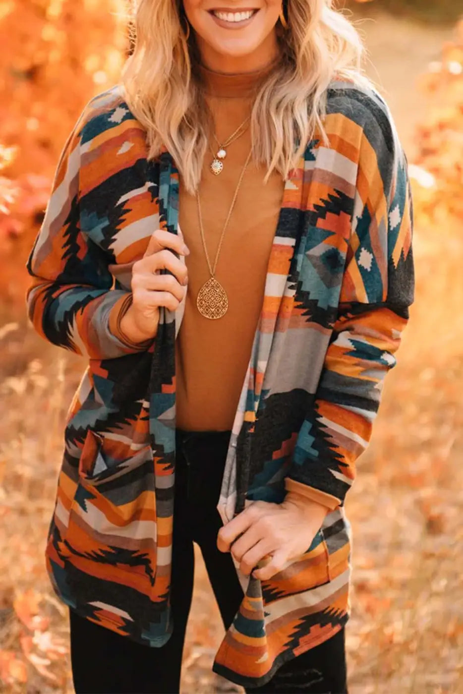 Orange Western Tribal Aztec Print Cardigan-0