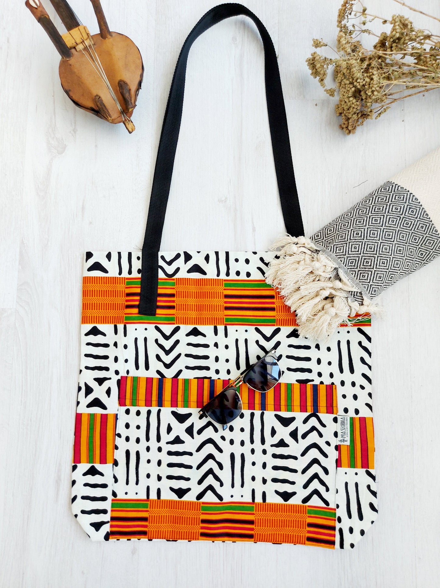 Handmade African Print Tote Bag | Beach Bag | Shopping Bag | Vegan Leather Detail-5