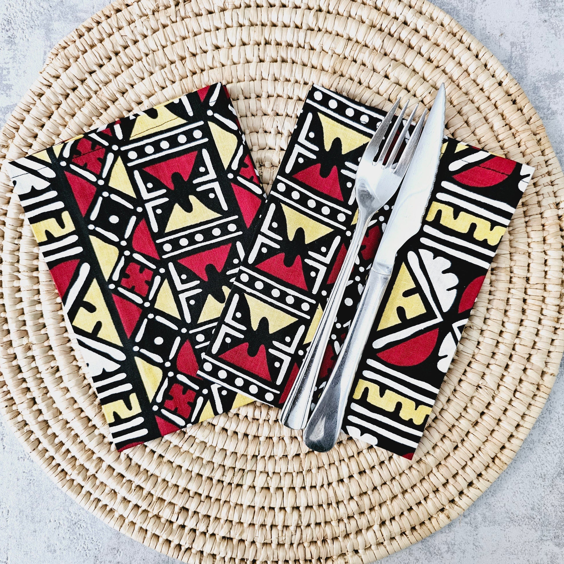 Set of 4 Napkins | 35x35cm | Black Mudcloth Print, Ankara Wax, 100% Cotton-1