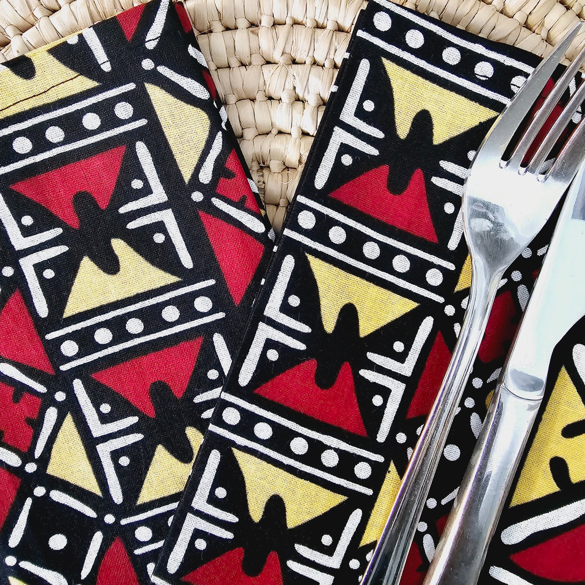 Set of 4 Napkins | 35x35cm | Black Mudcloth Print, Ankara Wax, 100% Cotton-2