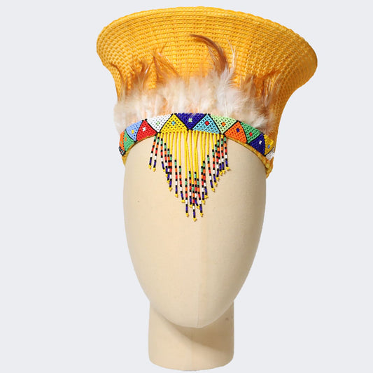 Zulu Basket Hat with Beading & Feathers- Yellow-0