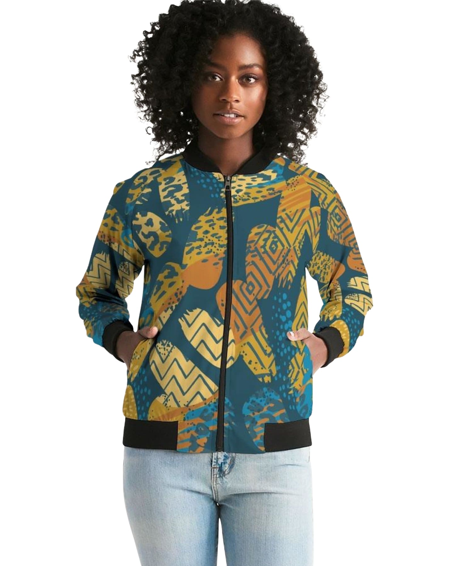 Tribal Blue Abstract Style Womens Bomber Jacket-5